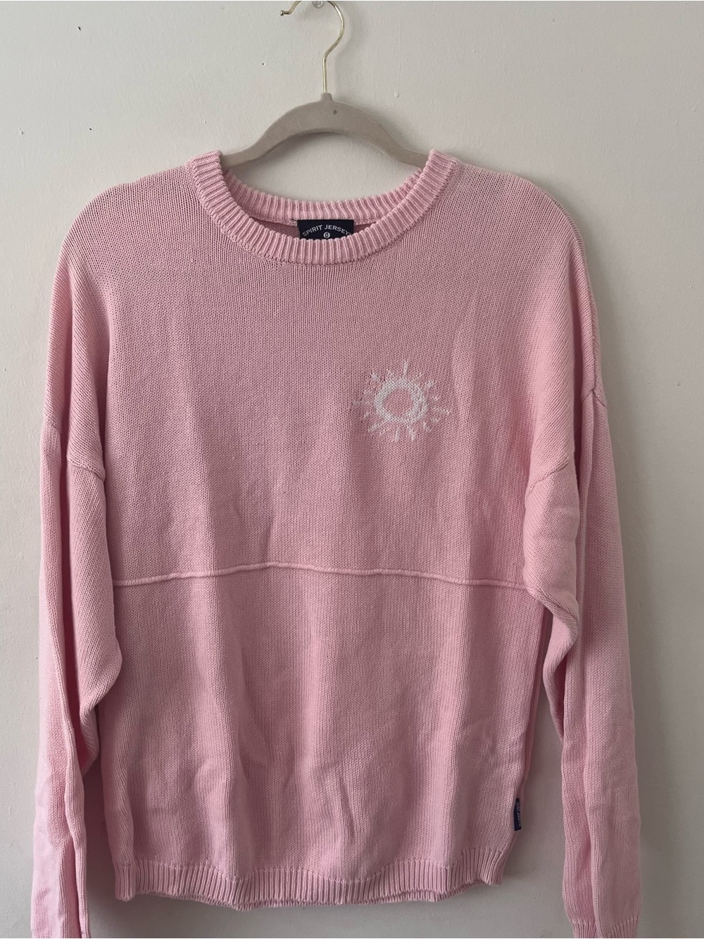 Light Pink Crewneck Sweater with Embroidered Sun Motif “Sunkissed” Spirit Jersey